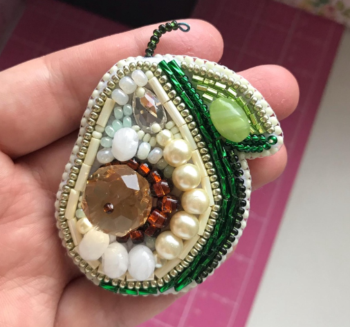 Crystal Art Beadwork kit for creating brooch BP-213C Avocado