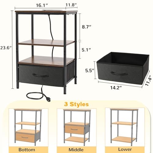 Night Stand with Charging Station, Bedside Table with Adjustable Fabric Black