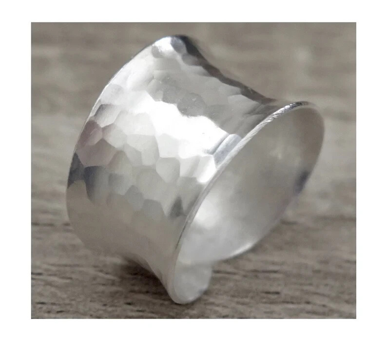 Hammered Sterling Silver Wide Band Ring, Handmade Shiny Silver Wrap Ring, can be