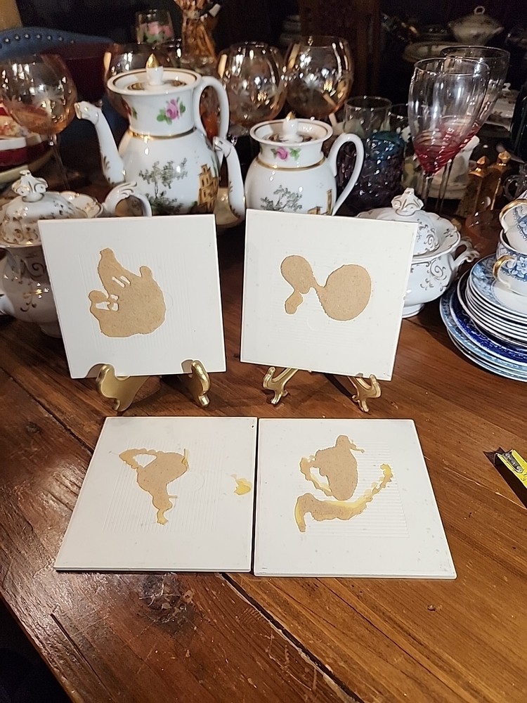 4 Ceramic Brown Transferware Tiles Japan