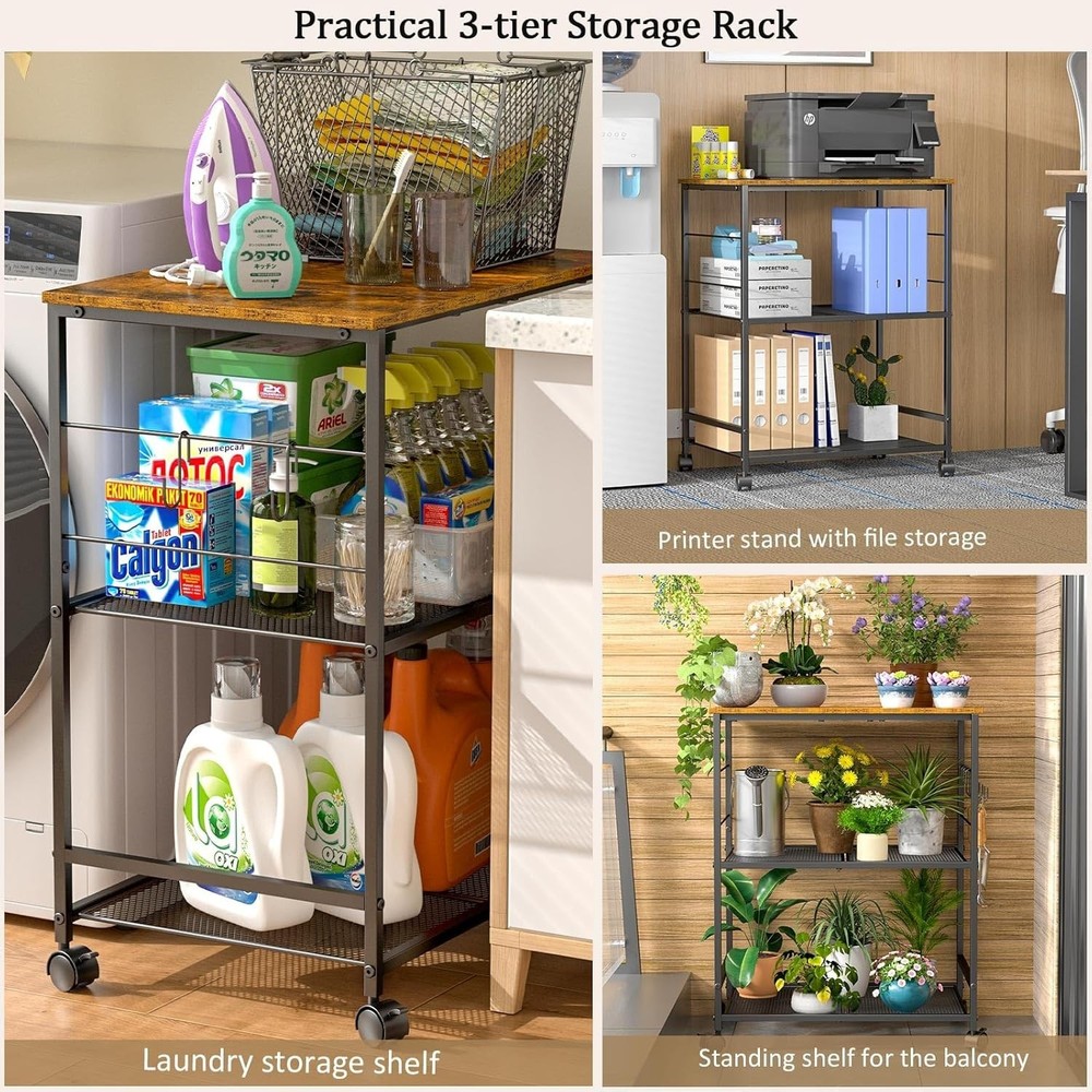 Versatile Rolling Kitchen Utility Cart with Hooks - 3-Tier Storage Solution