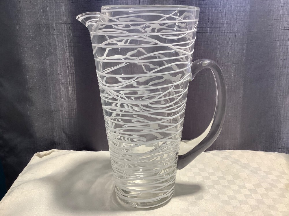 Clear Glass 10” Pitcher Raised White Drizzle Glaze Applied Handle