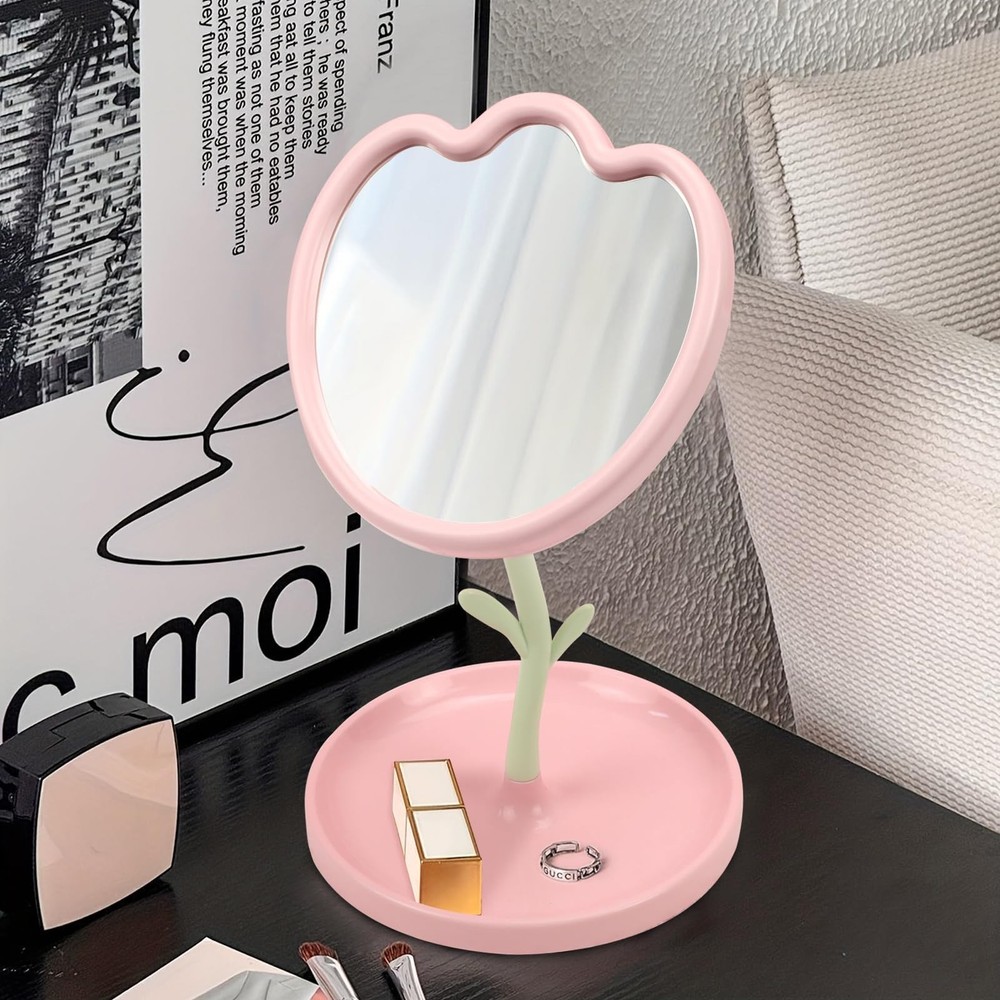 Flower Shaped Desk Mirror with Tray Adjustable Angle Tabletop Vanity Makeup M...