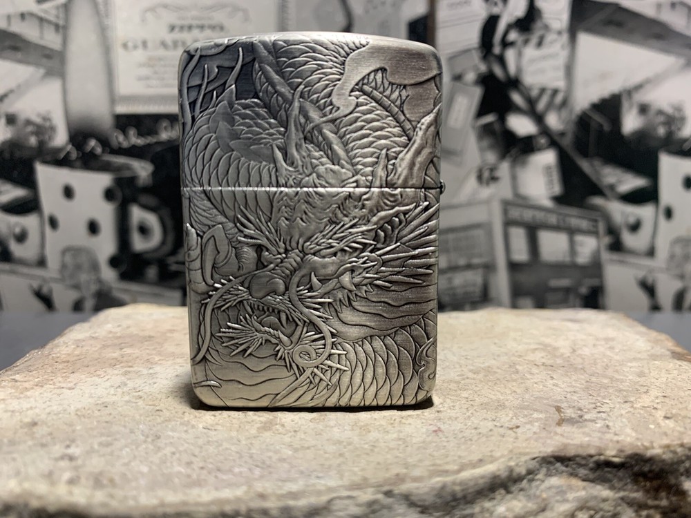 Zippo Lighter 2-side silver fish And Dragon Lighter
