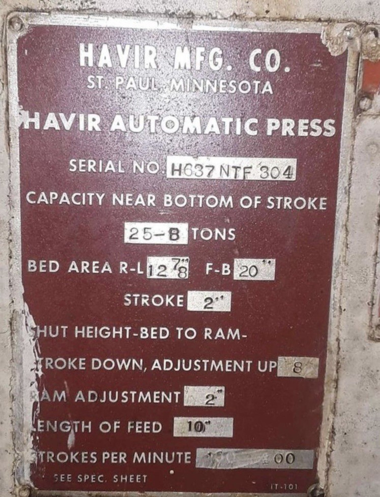 25 TON HAVIR AUTOMATIC MECHANICAL PUNCH PRESS