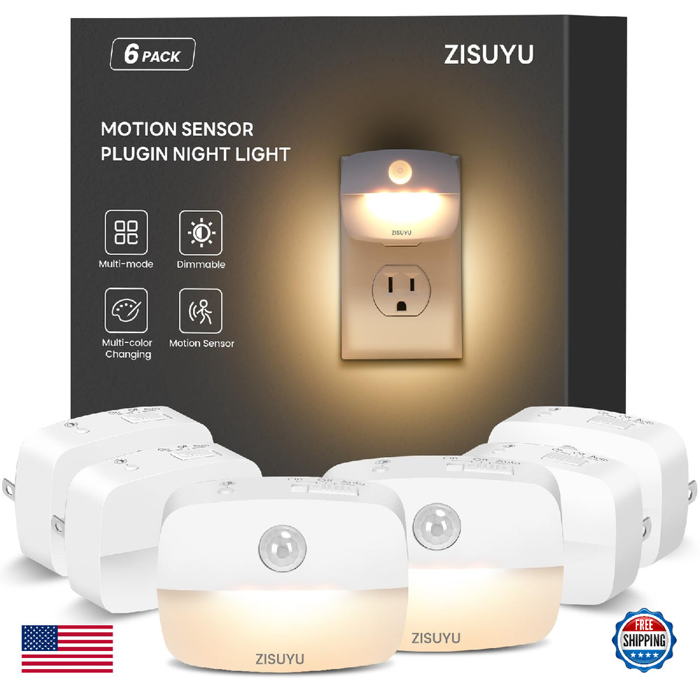 ZISUYU Plug-in LED Night Light Motion Sensor 6-Pack Dimmable Multi-Mode Color