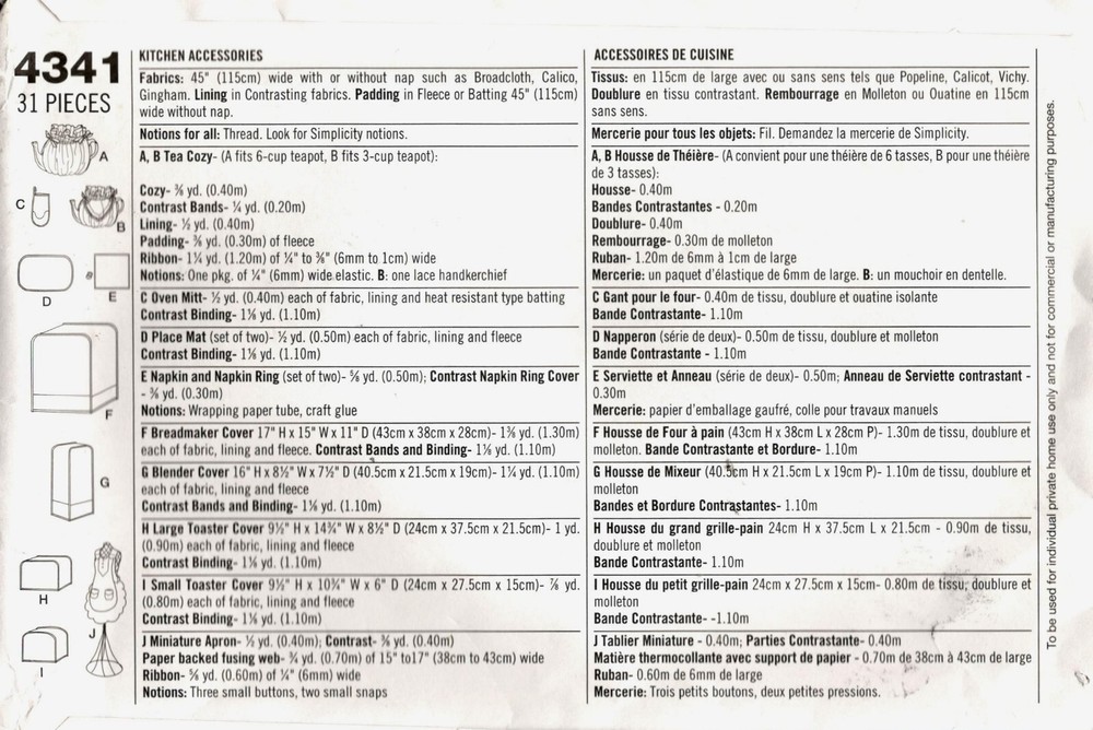 Simplicity 4341 Kitchen Accessories Sewing Pattern Uncut