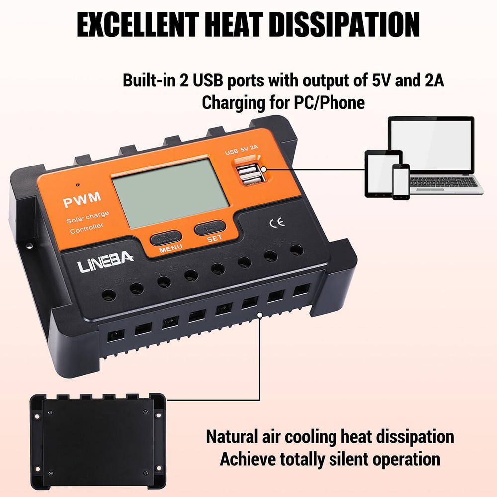 Solar Panel Battery Charge Controller 12V/24V LCD Regulator Auto Track Dual USB
