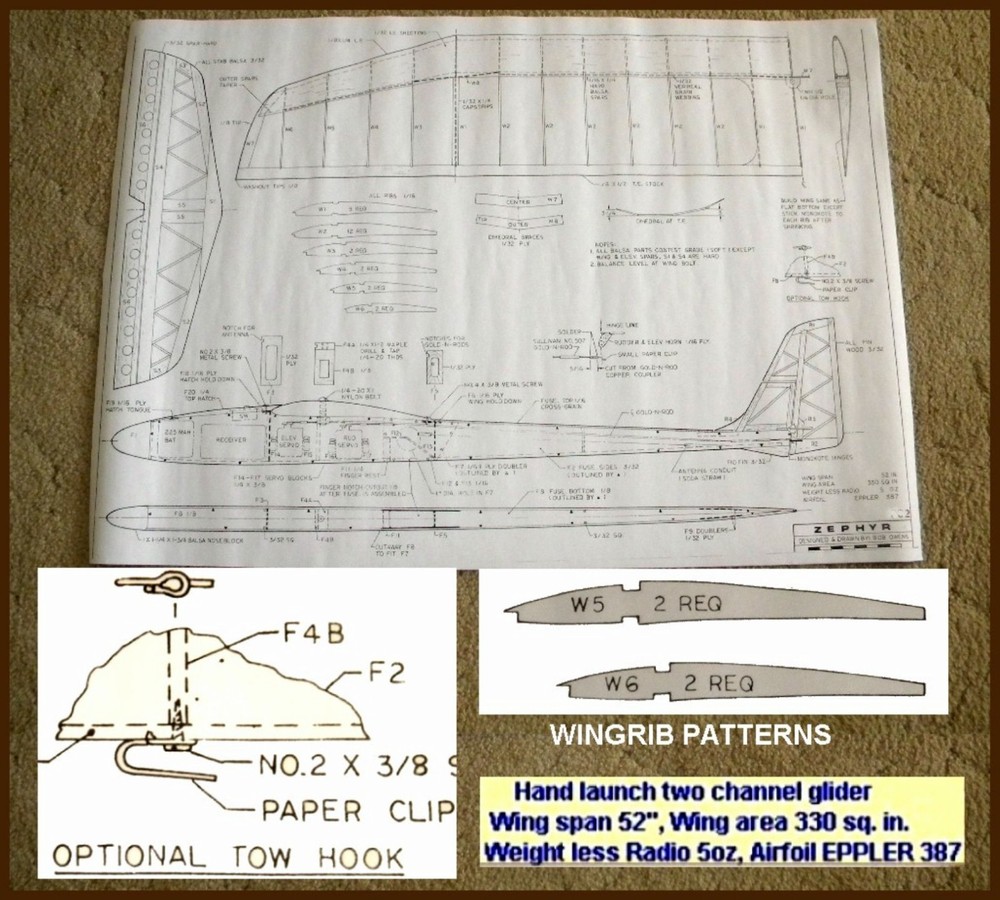 Printed RC plans & Patterns Hand Launch ZEPHYR SAILPLANE Span 52"