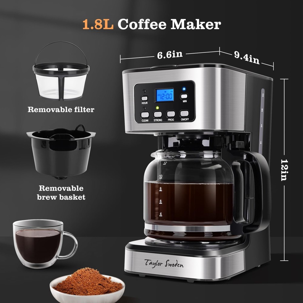 Taylor Swoden 12-Cup Programmable Coffee Maker, Regular & Strong Brew Black