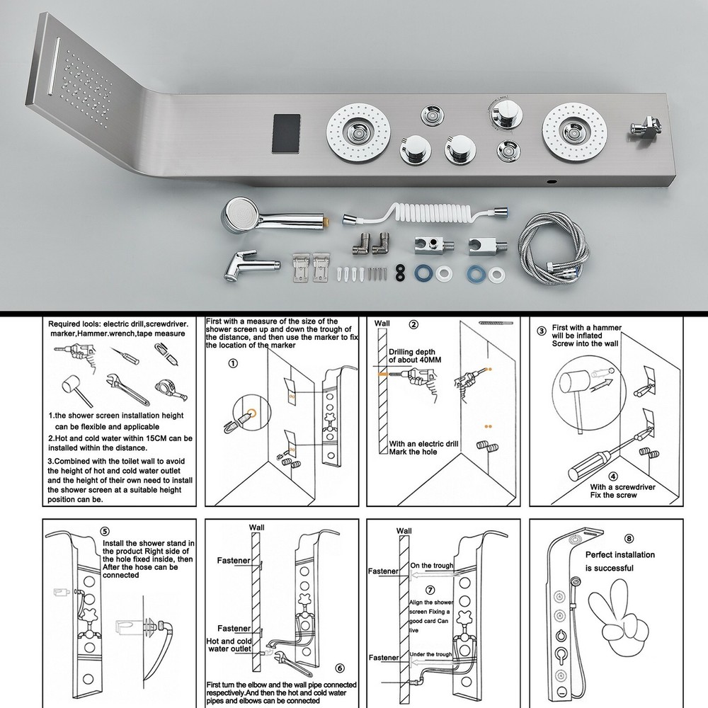 Stainless Steel Rainfall Waterfall LED Shower Panel Tower Massage Spray System