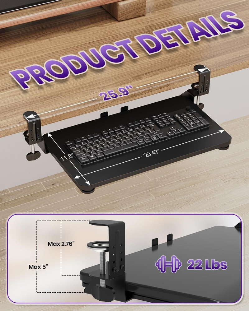 Ergonomic Mouse & Keyboard Tray under Desk, Pull Out with Adjustable C-Clamp, 20