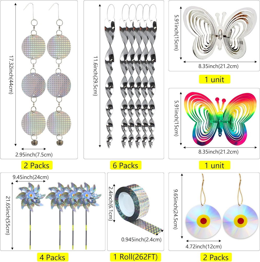 Bird Repellent Set - Includes 2 Reflective Pinwheels, 2 Butterfly Wind Spinners,