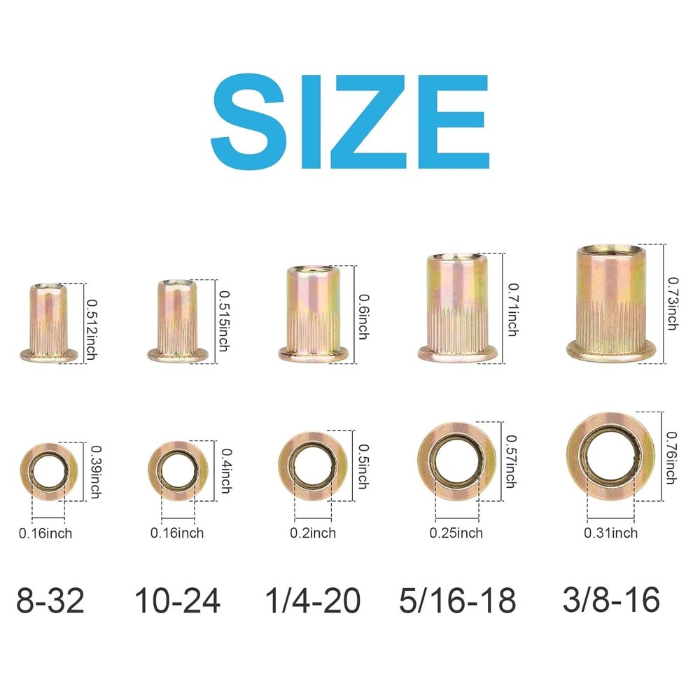 130pc Rivet Nuts #10-24 #8-32 1/4-20 5/16"-18 3/8-16UNC Rivnut Threaded Insert