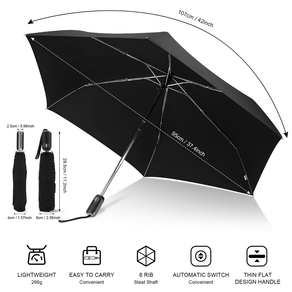 LEAGERA Automatic Flat Umbrella -Collapsible Portable 42 Inches, 0.5Black