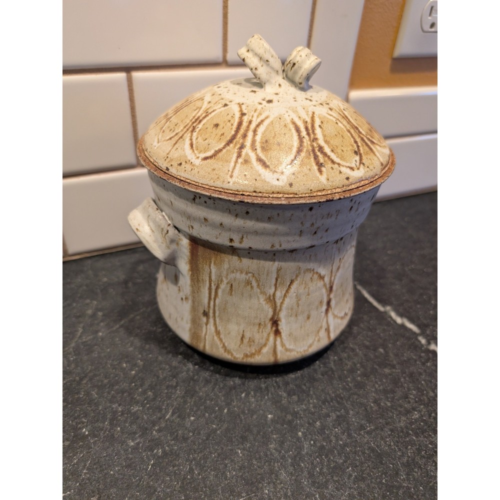 Handmade Ceramic Lidded Jar Pot Vessel Rustic Brown Tan Stoneware Signed