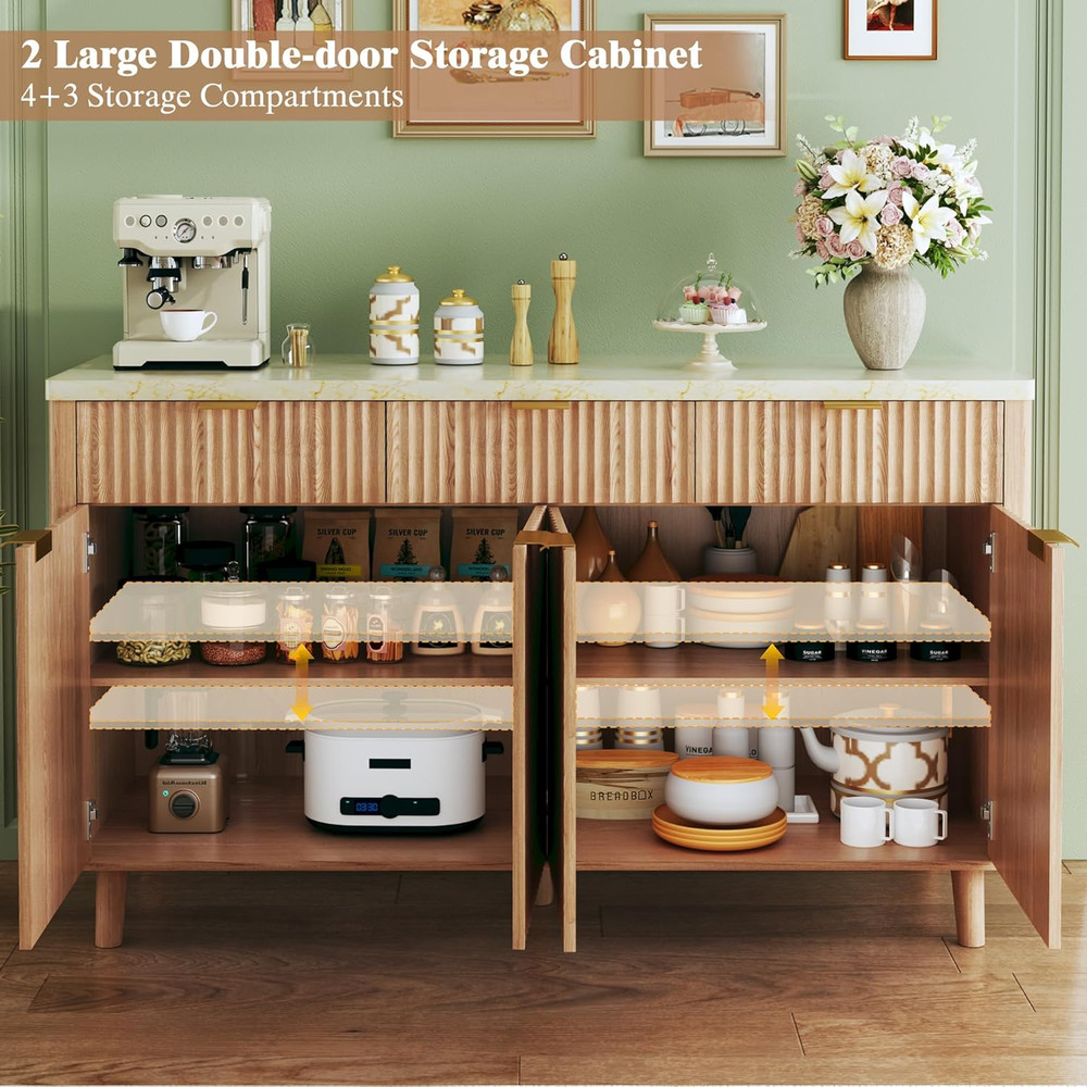 55" Fluted Buffet Cabinet with Storage, Large Sideboard Buffet Cabinet with 4 Do
