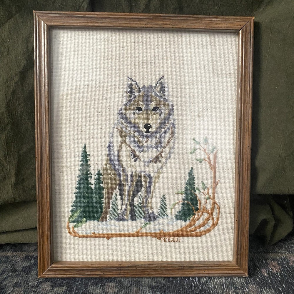 Vintage Cross Stitch Wolf Framed Art