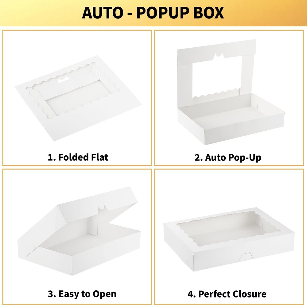 20 Pack Cookie Boxes, 14x10x2.5 Inch Large Bakery Boxes with Window, Auto-Pop...