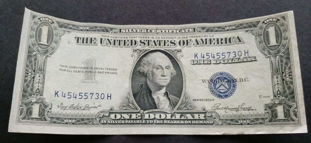1935 E Silver Certificate $1 Blue Seal misaligned & print paper folded error