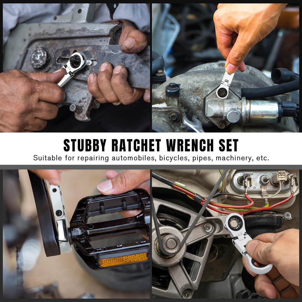 5-Piece Flex-Head Stubby Ratcheting Combination Wrench Set, Mini Double End, ...