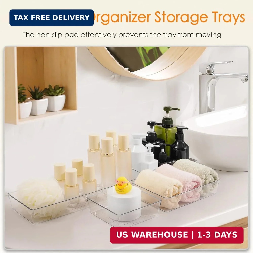 Criusia Drawer Organizer, 10 Pack Large Clear Plastic Set, 3 Size Versatile Bath