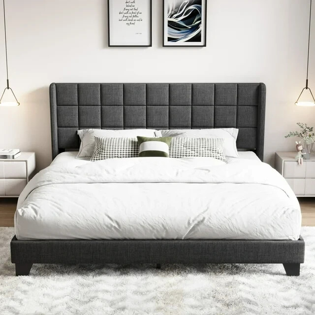 King Sized Platform Bed with Wingback Headboard. Square Stitched Style,Dark Grey