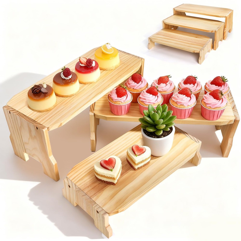 3 Tier Wood Display Riser, Stackable Cupcake Dessert Stand for 24 Cupcakes, R...