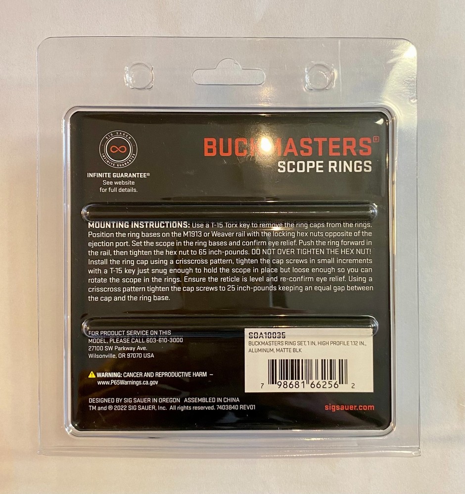 Sig Sauer Buckmasters Scope Ring Set 1" High Matte Black-SOA10035