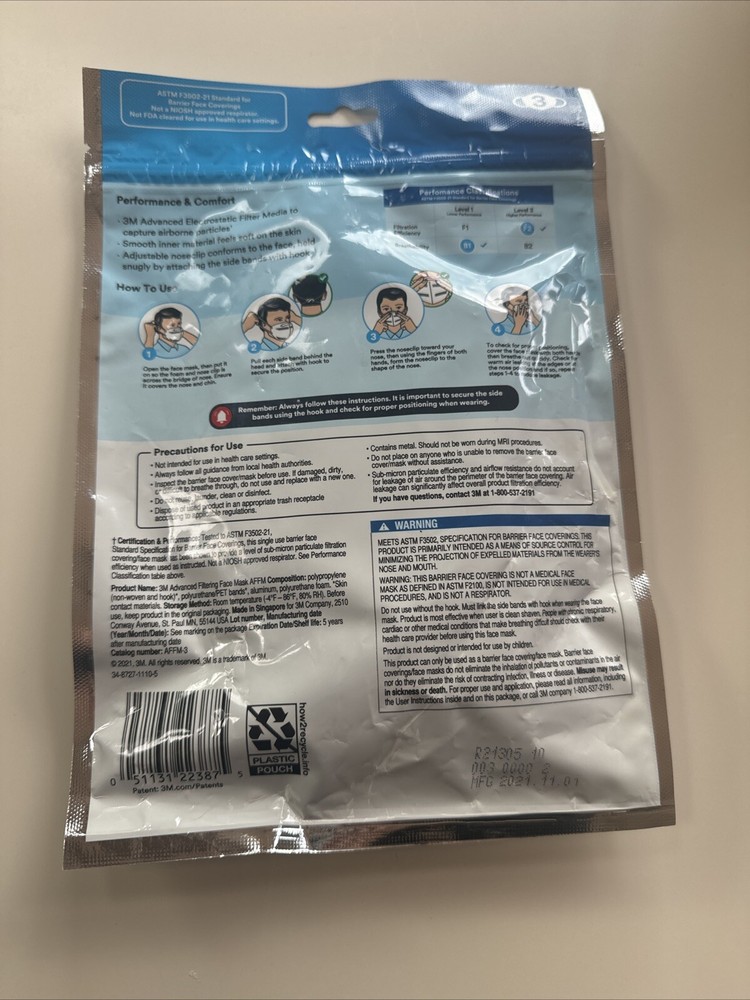 3M Filtering Barrier Face Covering, AFFM-3, One Size, 3/Pack , White