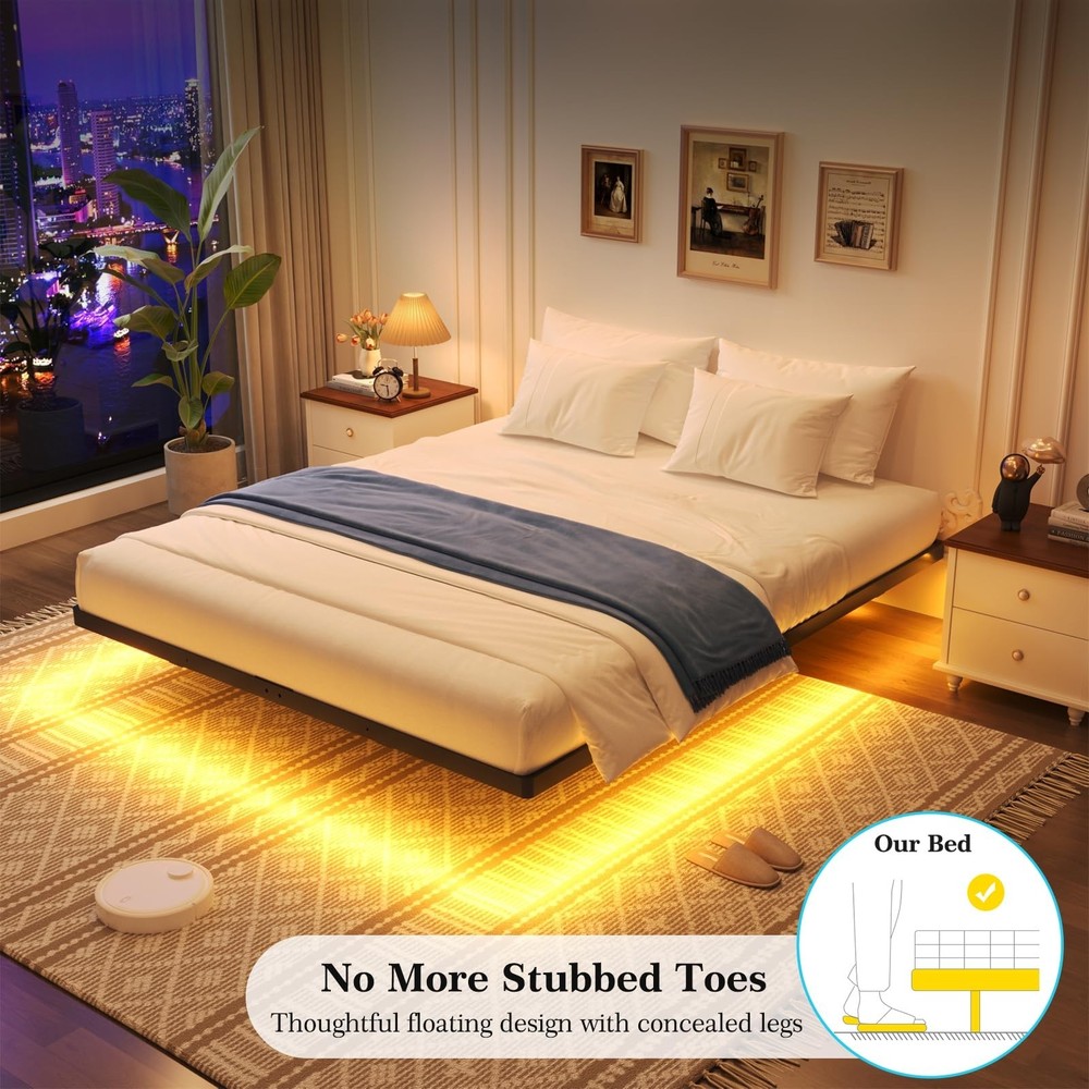 Floating Bed Frame Queen Size, Queen Bed Frame with Smart LED Lights, Heavy D...