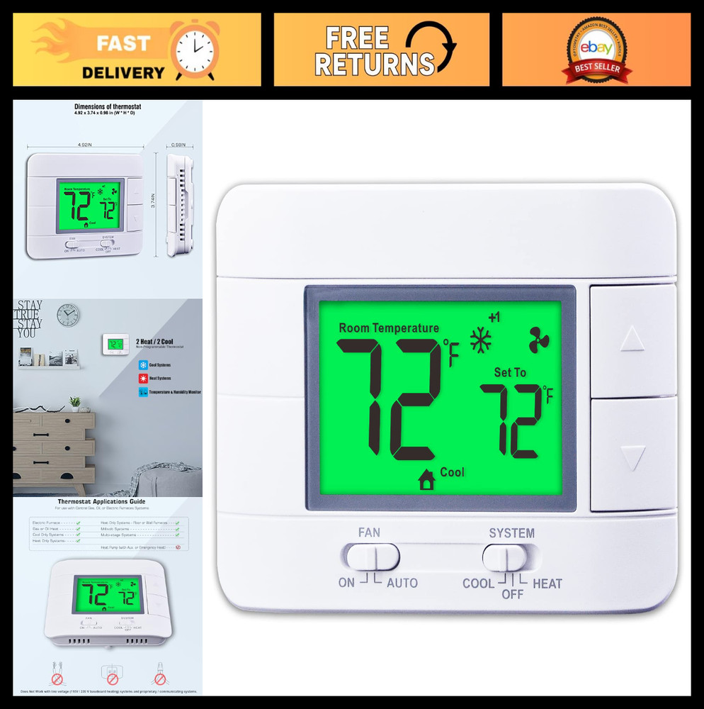 Multi-Stage Non-Programmable Thermostat for Home 2 Heat/2 Cool, Temp & Humidity