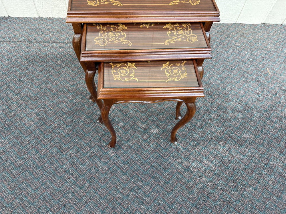 67334 Inlaid Mahogany 3 Stack Table Set with Gallery