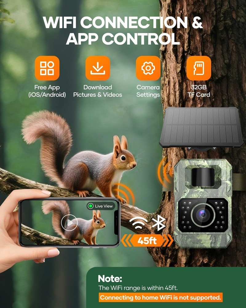 Solar Trail Camera 48MP30FPS WiFi Bluetooth Game Camera Motion Activated Trigger