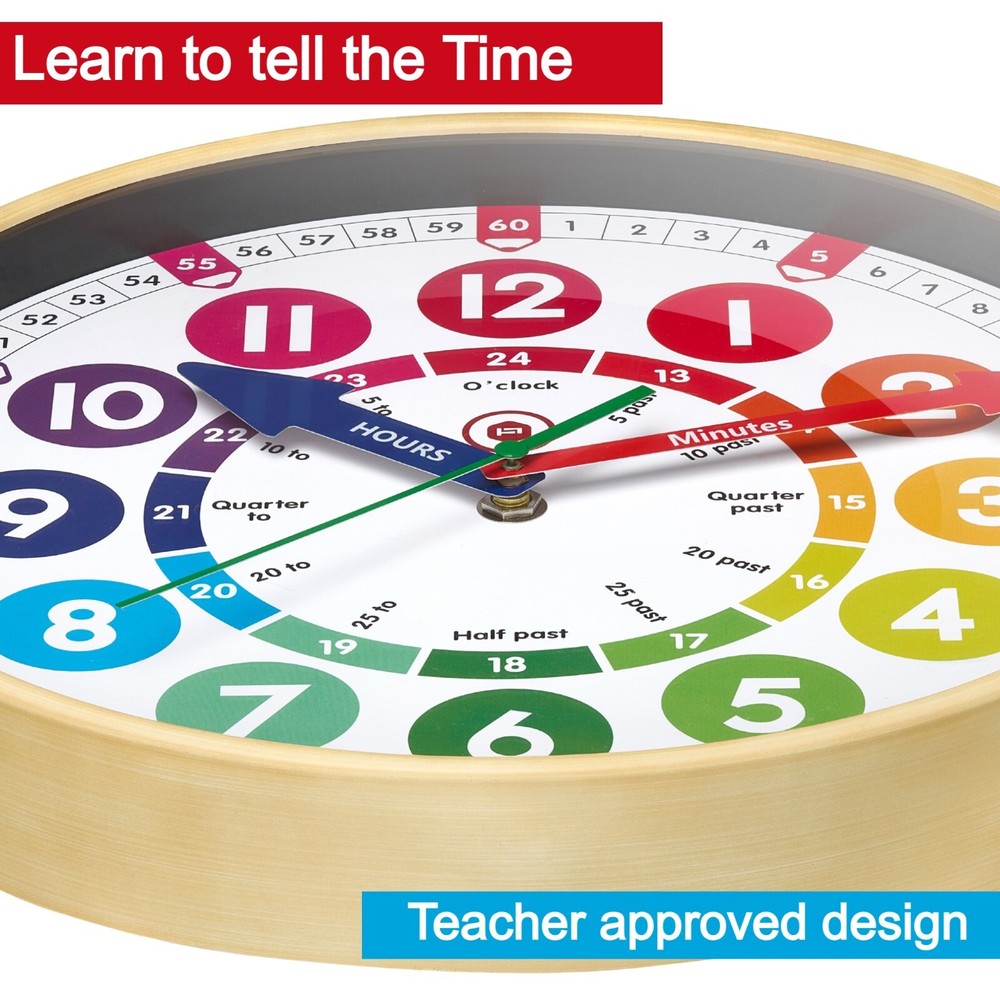 Children’s Learning Large 12” Wall Clock Safe Acrylic Face, Silent Sweep