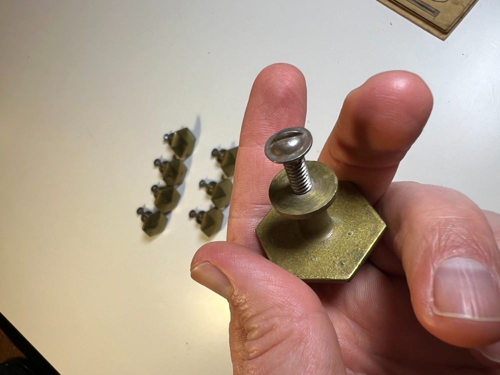 Vintage Mid Century Modern MCM Solid Brass Faceted Hex Drawer Pulls Knobs Set 8