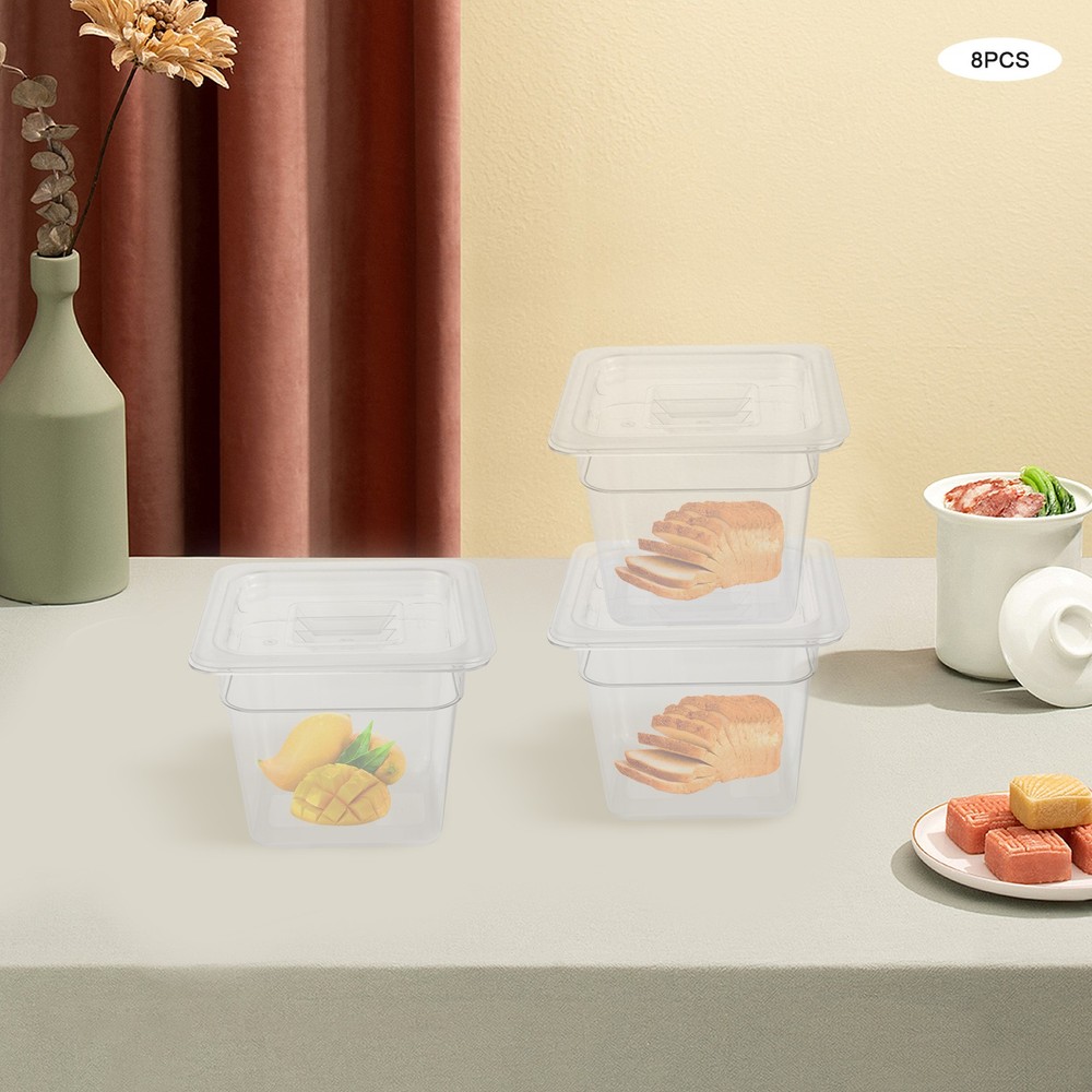 8 PACK 1/6 Size Clear PC Steam Prep Table Food Prep Pans 4" Deep Space Saving