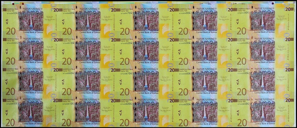 Samoa 20 Tala, 2017 ND, P-40c, UNC, 20 Pieces Uncut Sheet