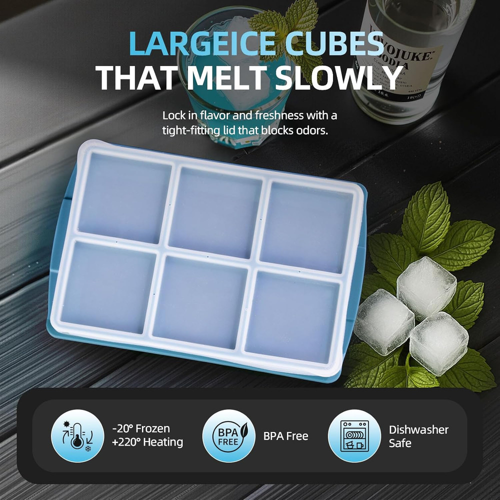 Large Ice Cube Trays (2 Pack) - Silicone Molds for 2-Inch Square Ice Cubes