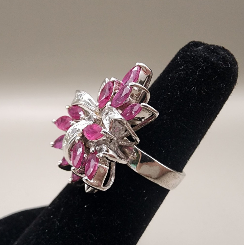 Vtg Sterling Silver 925 Simulated Ruby Spray Cocktail Ring - Multiple Sizes