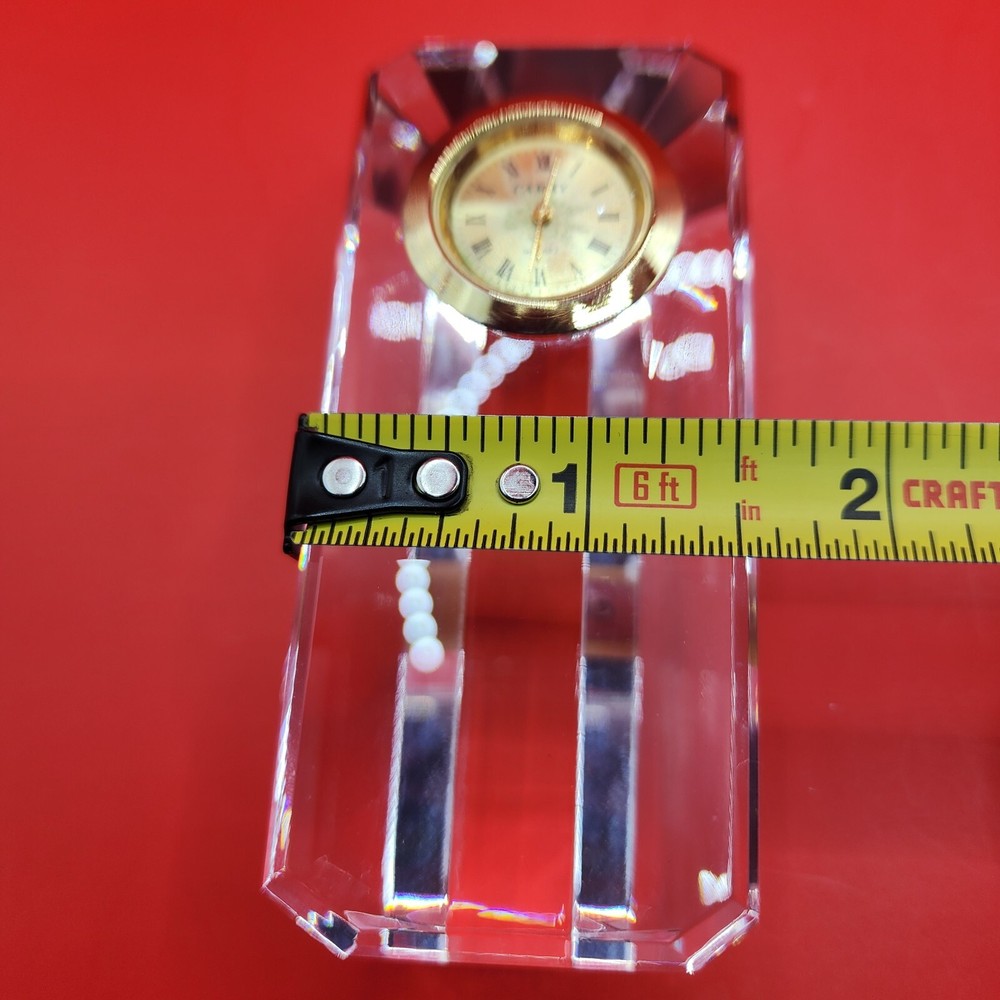 Desk Clock Crystal Cut Glass Paperweight Camry Gold Tone Triangular Column Nice!