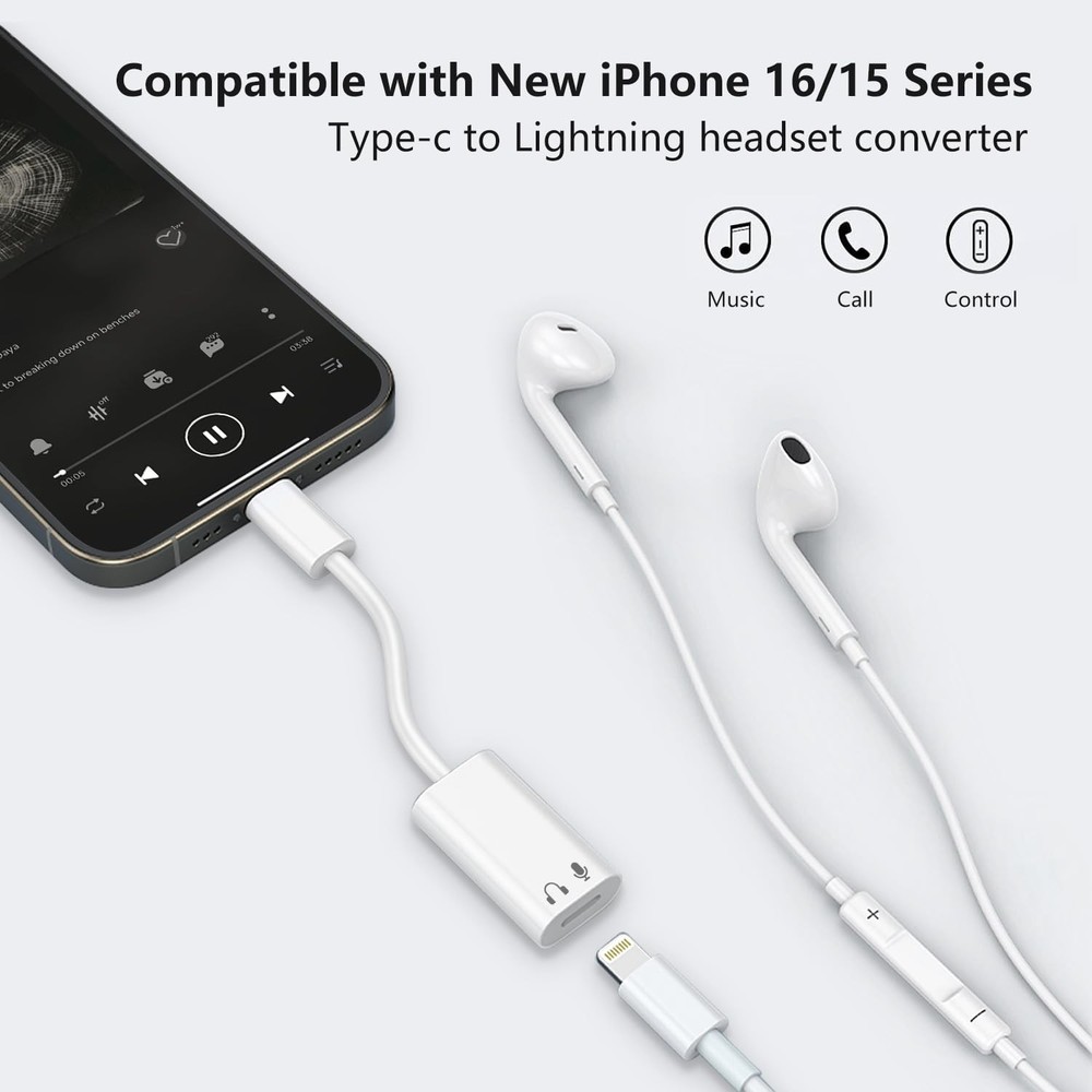 USB C to Lightning Audio Adapter, Type C Male Female White
