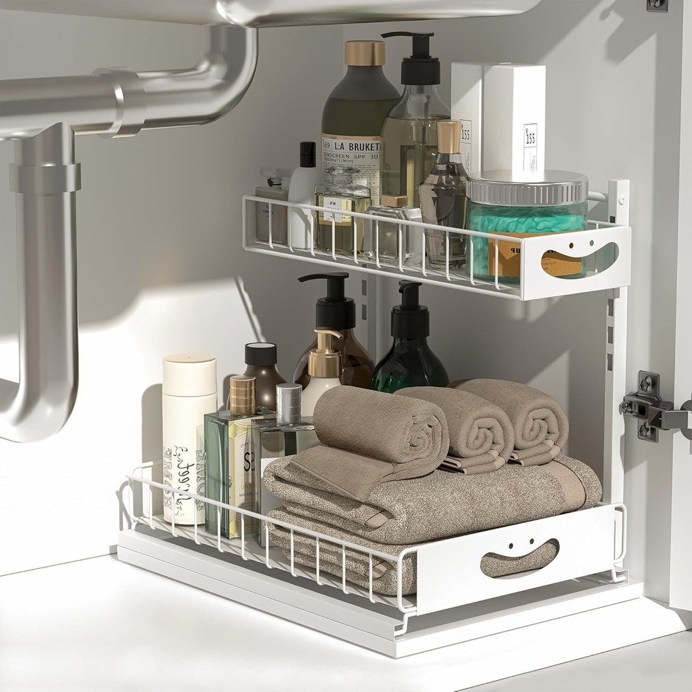 Under Sink Organizer Adjustable Height Pull-Out Kitchen Storage