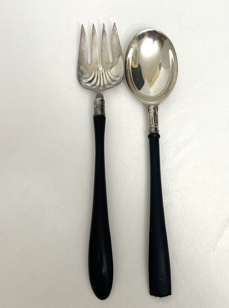 Vtg Gorham Electroplate Salad Serving Spoon & Similar Style Fork Black Handle