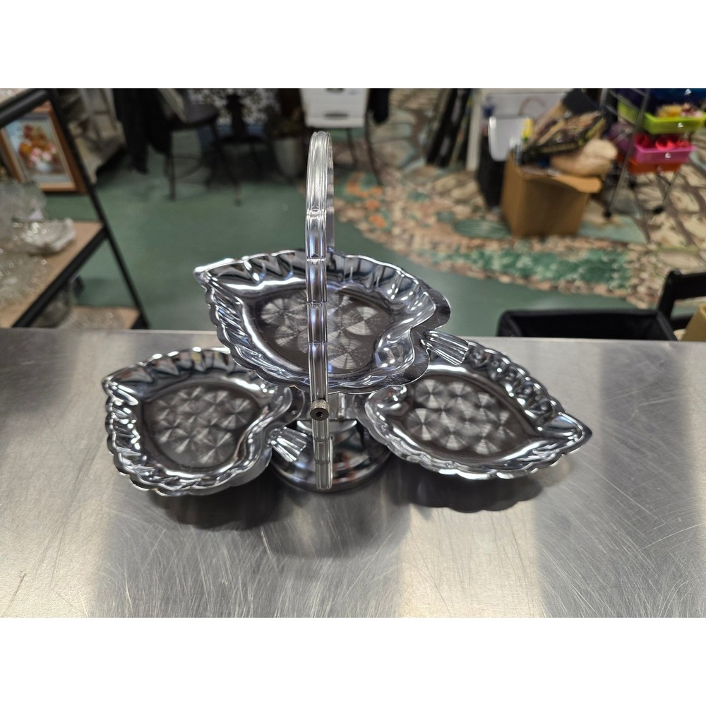 Tiered Serving Tray Chrome Color Leaf Shaped Candy Nut Dish Buffet Server