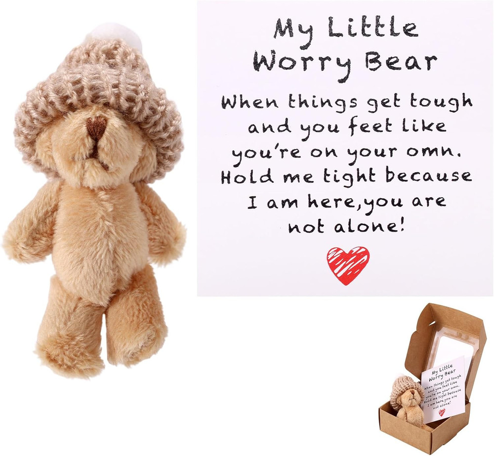 1 Set Mini Plush Worry Bear with a Hat, Handmade Positive Small Plush Bear in...