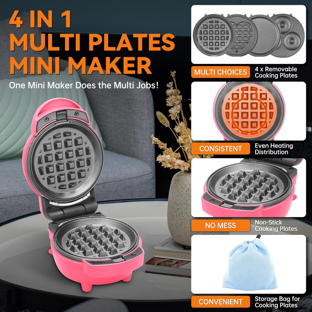 4 in 1 Mini Waffle Maker with Removable Plates, Set Includes Mini Pancake, Do...