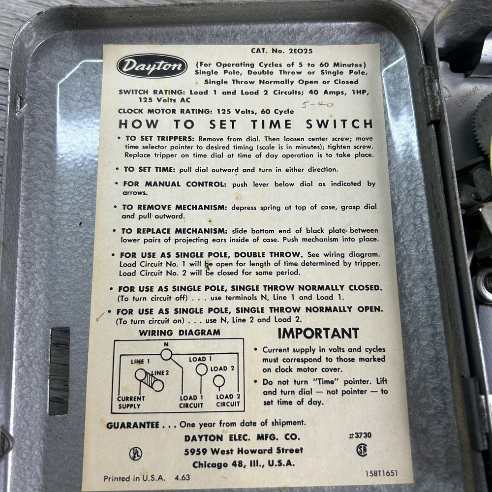 Dayton 2E025 Short Range Timer 125V 5-60Mins Oem