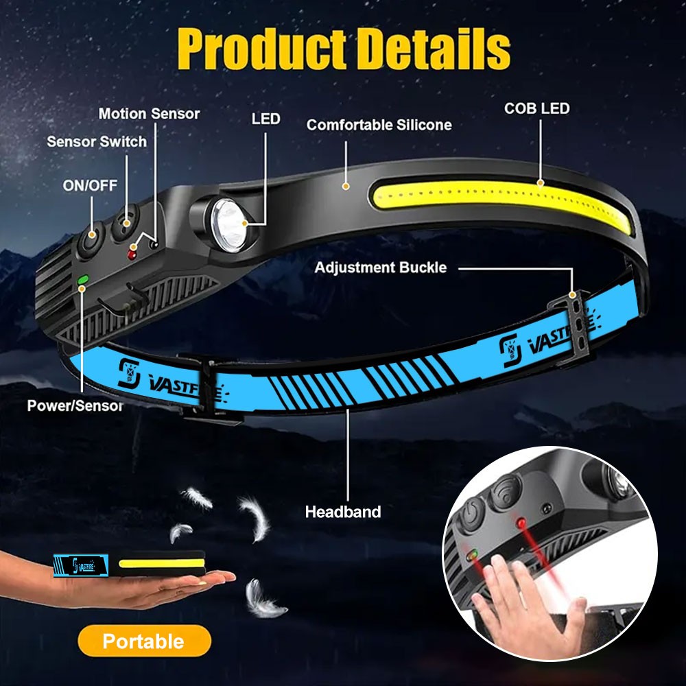 USB Charging Head Torch Sensor Motion COB LED Headlamp Waterproof Night Light US