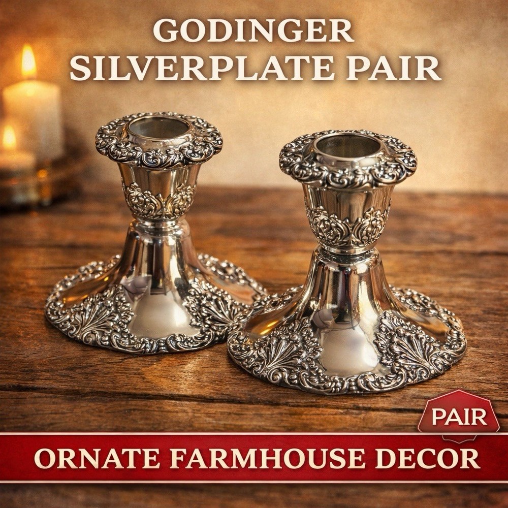 Godinger Silverplate Candle Holders Pair Ornate Floral Scroll Decor